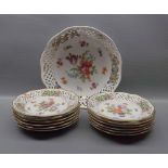 20th century Dresden thirteen piece dessert set with pierced ribbon edge with floral centres,