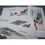 Group: unframed modern silk-embroidered pictures of exotic birds on blossom-entwined branches, 25