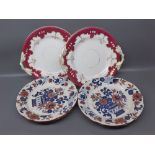 Set of four various Victorian floral decorated plates and two further two-handled circular stands