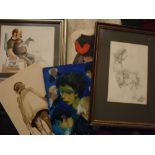 John Cherrington, signed group of five works, watercolours, oils etc, figurative studies, assorted