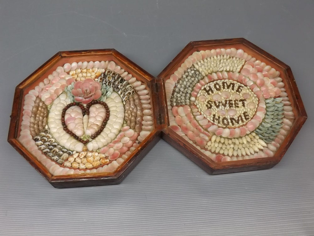 Victorian mahogany framed boxed Valentine, with decorative shell heart detailing to one side with