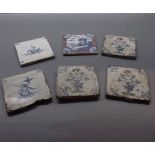 Group of six 18th century Delft tiles, to include painted set of three floral tiles, one depicting