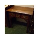 19th century mahogany three-drawer lowboy on four square legs, fretwork corner supports, 28ins x