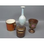 Bohemian glass small gilded cylindrical container, further decorative glass vase and two items of