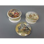 Three Prattware pot lids, entitled "The Battle of the Nile"; "Walmer Castle" and one further scene