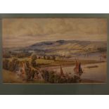 19th century English School, watercolour, extensive landscape with figures, dog etc, further