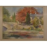 Kit Nicol, signed, watercolour, River scene with cottage and bridge, 10 x 13ins