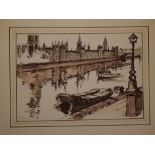 Simhock, signed and dated '73, pen, ink and watercolour, inscribed "Houses of Parliament, London",