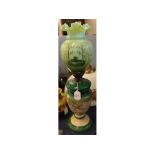 Victorian French painted oil lamp with green and cream two-tone font with floral decoration with