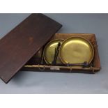 Wooden boxed set of W & T Avery Ltd painted metal and brass pan balance scales (no weights)