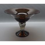 Brown and clear glass pedestal bowl, with openwork support, raised on circular base, 8 ins