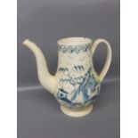18th century creamware coffee pot lacking lid, with a blue decorated scene (A/F), 8 ins high