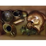 Box: assorted brass wares to include a copper and brass ewer, a further novelty brass boot style