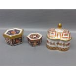 Royal Crown Derby honeysuckle formed lidded box, together with a further hexagonal lidded box, Model