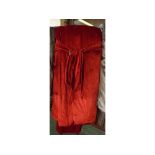 Long pair of red velvet type curtains, each with drop of approx 8ft 6ins and width of approx 4ft
