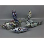 Group of five 20th century Murano glass fish, multi-coloured glass, two formed as standing fish