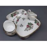 Hammersley & Co porcelain strawberry dish set, complete with cream jug and sugar bowl, 10 1/2 ins