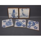 Group of five 19th/20th century blue and white decorative tiles, conditions vary (5)