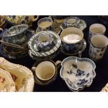Group of assorted blue and white wares, including pickle dishes, spill vases, other small dishes etc