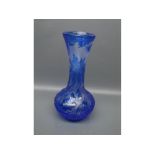 Early 20th century cameo glass vase, heavily cut pattern of flowers and leaves in blue, to a frosted