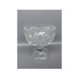 Heavy 20th century cut glass pedestal bowl, with trailing hobnail decoration, 7 ins tall, 6 ins
