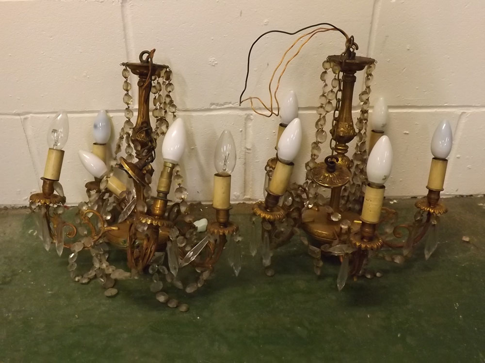 Pair of early 20th century gilt metal 8-light chandeliers with swags and drop, 15ins span, approx