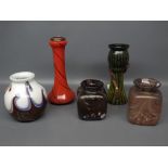 Group of five 20th century art glass vases, two of cuboid form, one of circular baluster form and