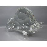 Modern heavy clear glass model of a bull with faceted back, signed to the underside "Pino