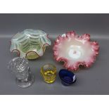 Group of Victorian glass wares, including a wavy-edged pink and cream dish, 5 1/2 ins diameter;