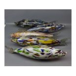 Group of five large 20th century Murano glass fish, multi-coloured glass, (one A/F), the largest