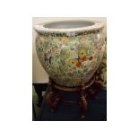 20th century Chinese ceramic fish cistern, polychrome decorated with koi carp, butterflies and