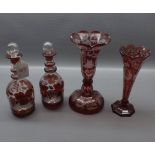 Bohemian etched spill vase, with fluted decoration, together with a further larger example with