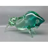 20th century green glass model of a bull, signed to the underside "Pino Signoretto", 10 ins wide x 6