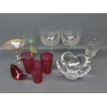 Group of assorted Victorian and later glass wares, including two cranberry glass beakers, Wedgwood