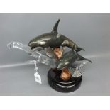 Cold painted bronze and Perspex model of orca whales by Genesis by K Cantrell, entitled "Sea