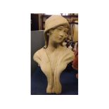 Sandstone coloured composition bust of a young hooded maiden, 25ins tall