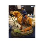 Large spelter painted model of a huntsman and his dogs bearing signature "Waagen" (a/f), 18ins x