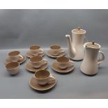 Poole two-tone brown glazed part coffee set comprising coffee pot, hot water jug, six cups and