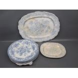 Six 19th century dinner plates, blue floral printed, 10ins diameter, together with further