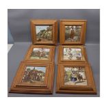 Set of six pine framed Minton's ceramic tiles with printed decoration of figures in landscape