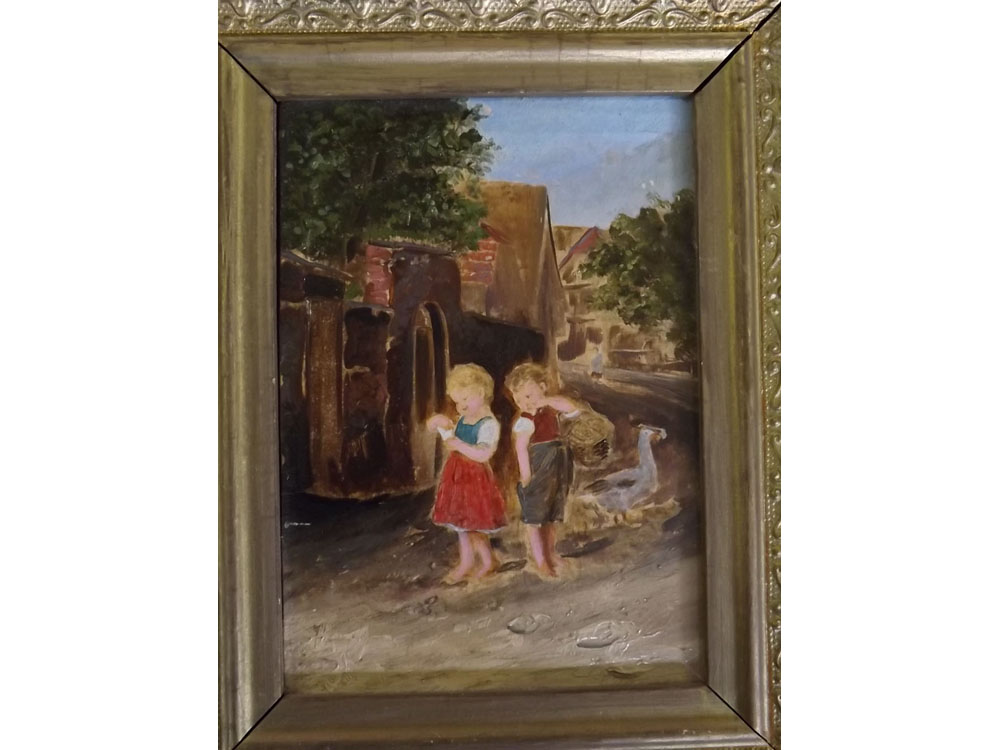 Unsigned, oil on print base, Two children with goose, 6 x 4ins
