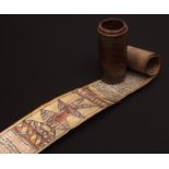 Ethiopian antiqued manuscript on vellum scroll, red and black ink, 2100 x 100mm, contained in