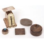 A mixed lot including a pair of Edwardian Silver encased postal scales of shaped rectangular