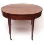 George III Mahogany D shaped fold-top tea table, Box inlaid stringing throughout, raised on four