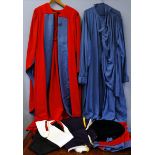 Two ceremonial gowns, Doctorate of Exeter University and Bard of Cornish Gorsedd plus accessories (