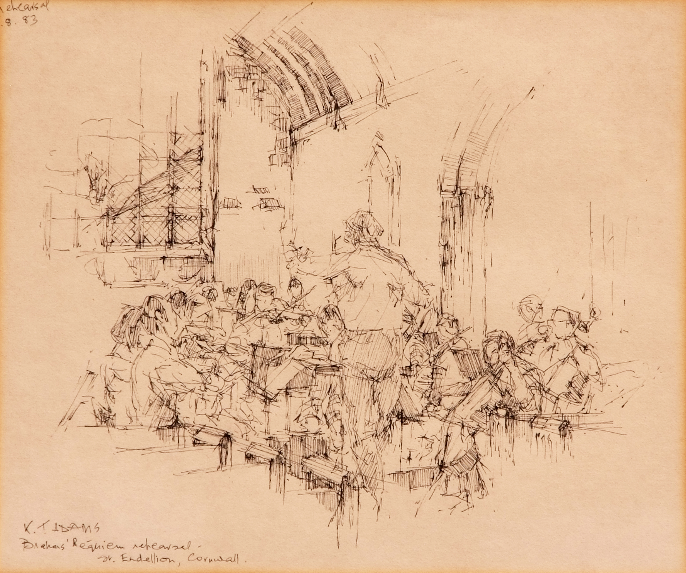 K T Adams, inscribed Brahms Riquiem Rehearsal, St Endellion, Cornwall ( 83) pen and ink drawing,