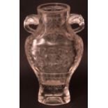 20th century Chinese rock crystal vase of flattened flask form with two stylised elephant head