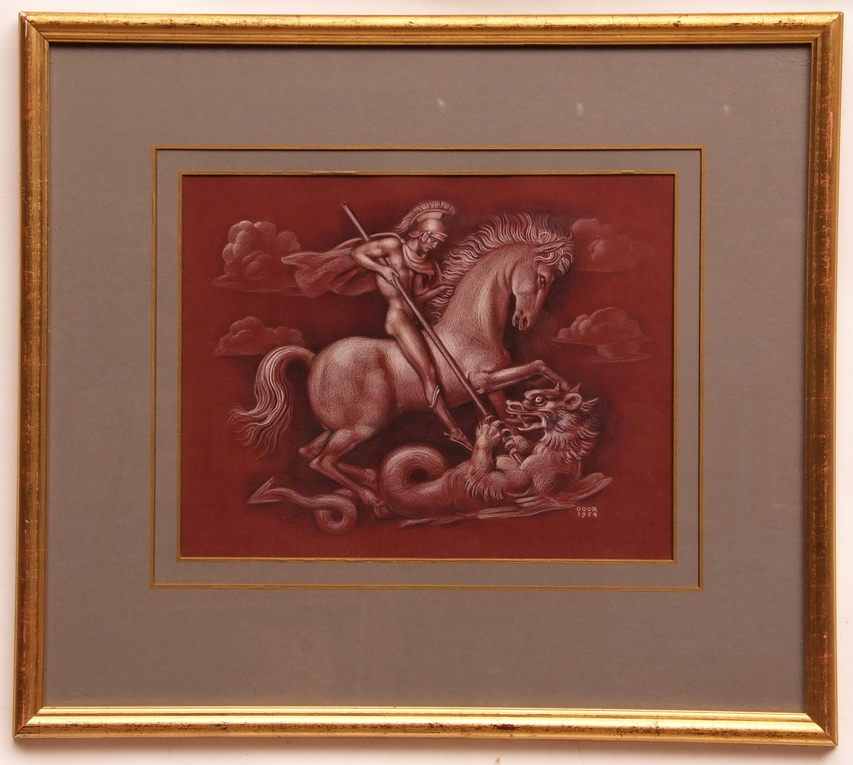 *Gaston Goor (1902-1977, French)St George slaying the dragonPastel and chalk drawing to a red