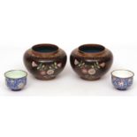 Pair of early/mid-20th century small cloisonni famille noir bowls of squat baluster form, overall
