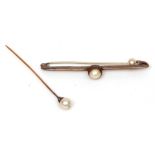 Precious metal stick pin with rose diamond mounted collar and pearl finial, together with a white